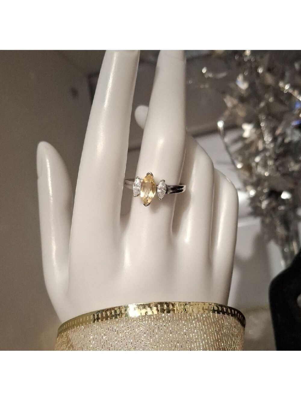Marquis Cut Citrine and CZ Sterling Silver Women's Ring Sz 8.25